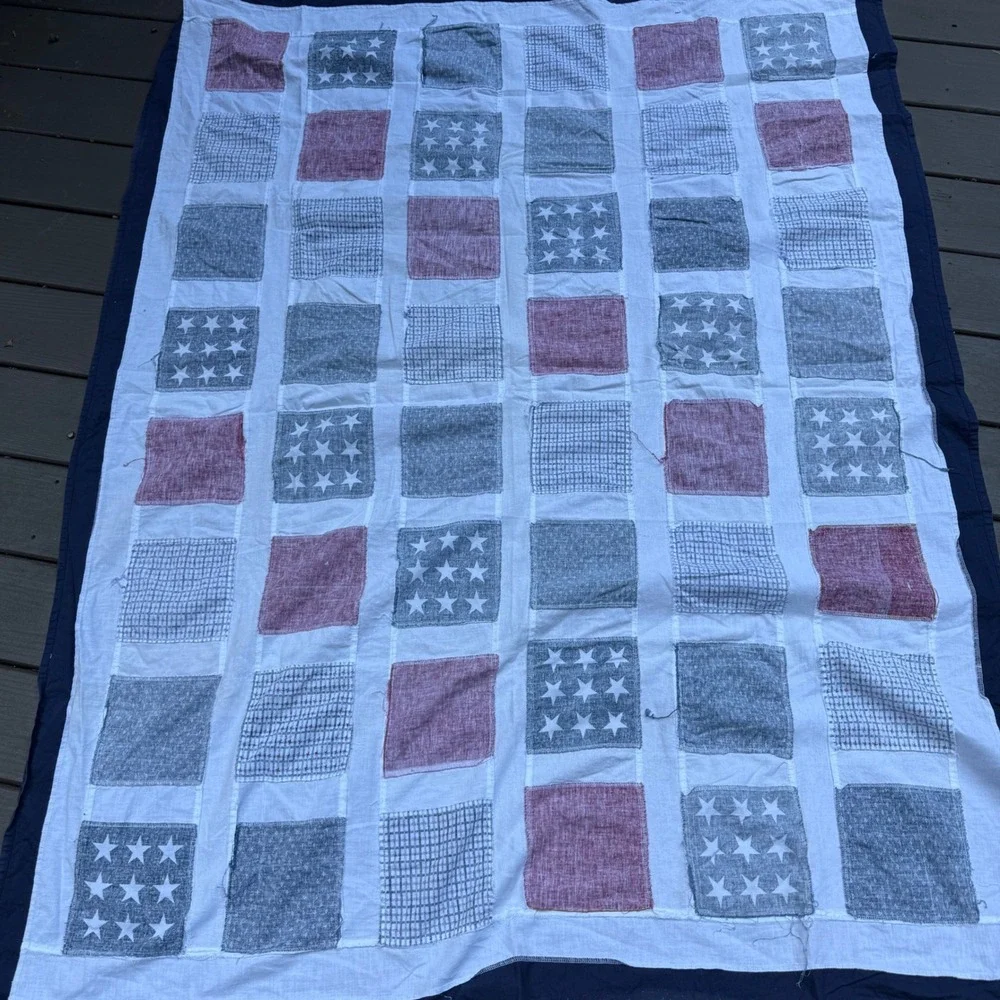 1. Handmade Patriotic Patchwork Quilt Top 70.5x54 Red White Blue Stars Americana